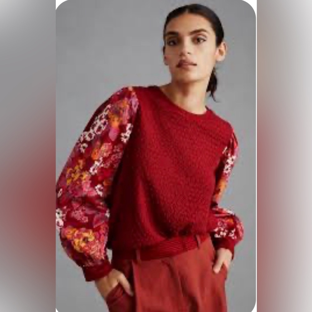 Anthropologie PORRIDGE women’s Sz L Waffle Knit Floral Puff Sleeves blouse  NWT